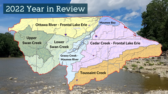 An map of the Maumee Area of Concern with sub-watersheds highlighted in different colors.